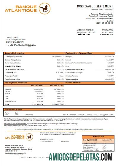 Benin Banque Atlantique Bank Extrato de hipoteca Scr amostra